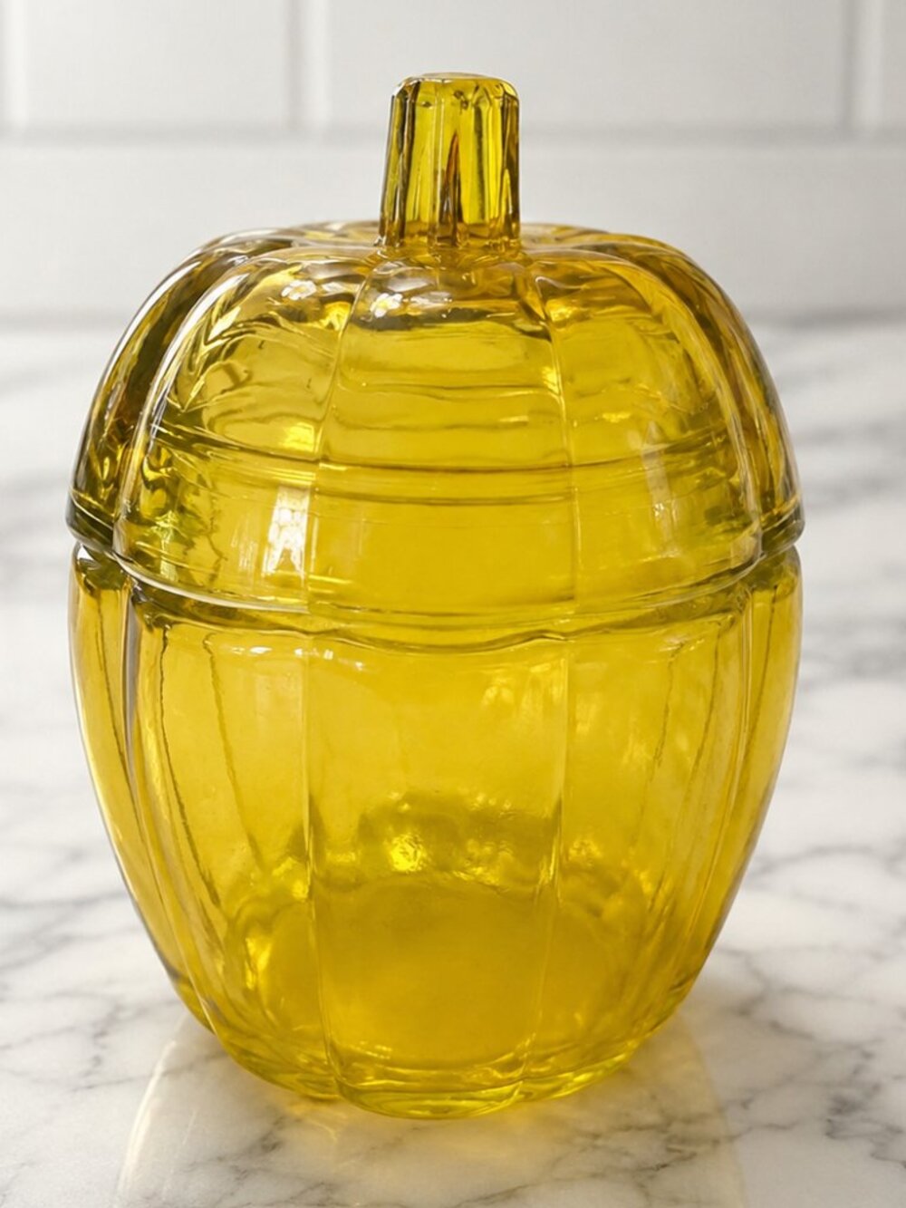 Vintage Yellow Glass Pumpkin Covered Dish Bowl Ribbed Fall Harvest Decor